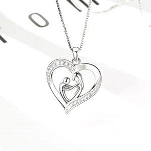925 Silver White Sapphire Mother Child Heart Necklace